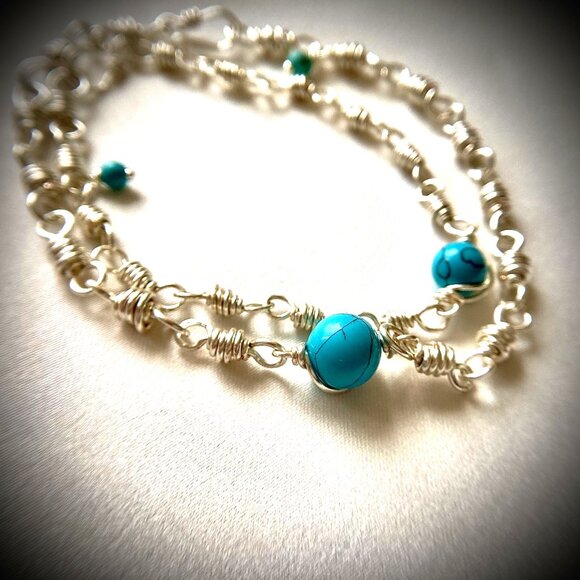 Silver Tone Long-Distance Relationship Bracelets, Turquoise gemstone set of two - Picture 5 of 16